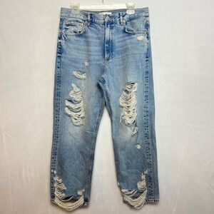Zara The Pepper Mom Light Blue Distressed Destroyed High Rise Crop Ankle Jeans